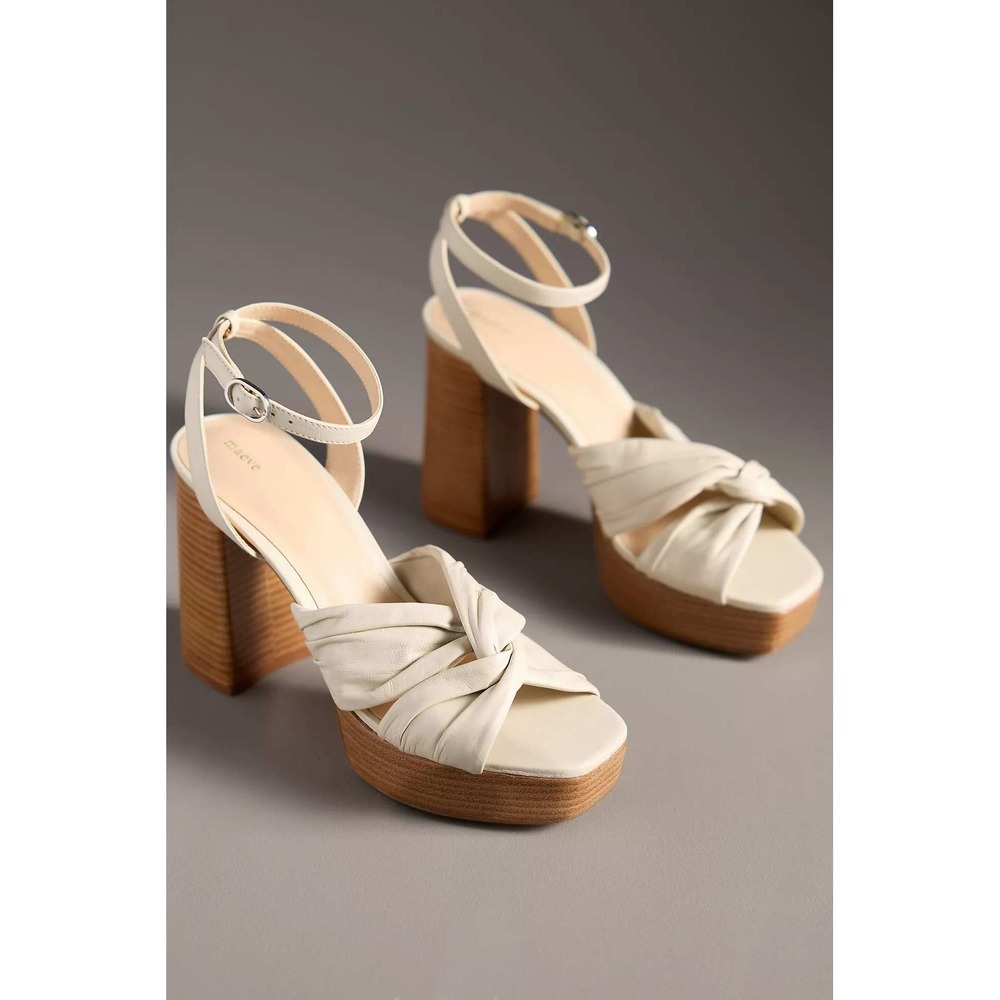 Anthropologie Maeve Platform Sandals 10 Beige Knotted Ankle Strap Block Heel